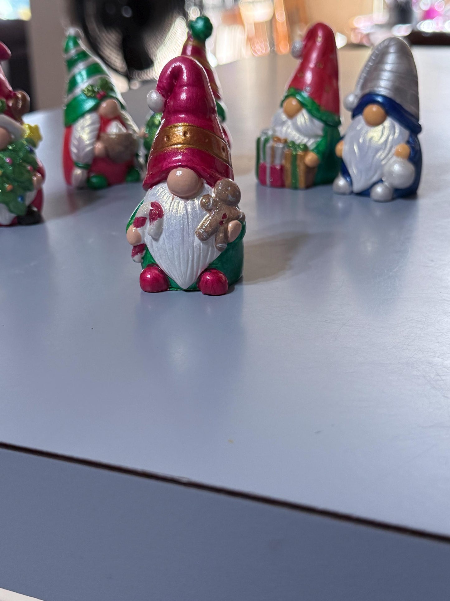 Hand Painted Ceramic Christmas Gnome Set, One of a Kind Holiday Decor, Metallic Shimmer Gnome Figurines, Tiered Tray Decor, Christmas Gift
