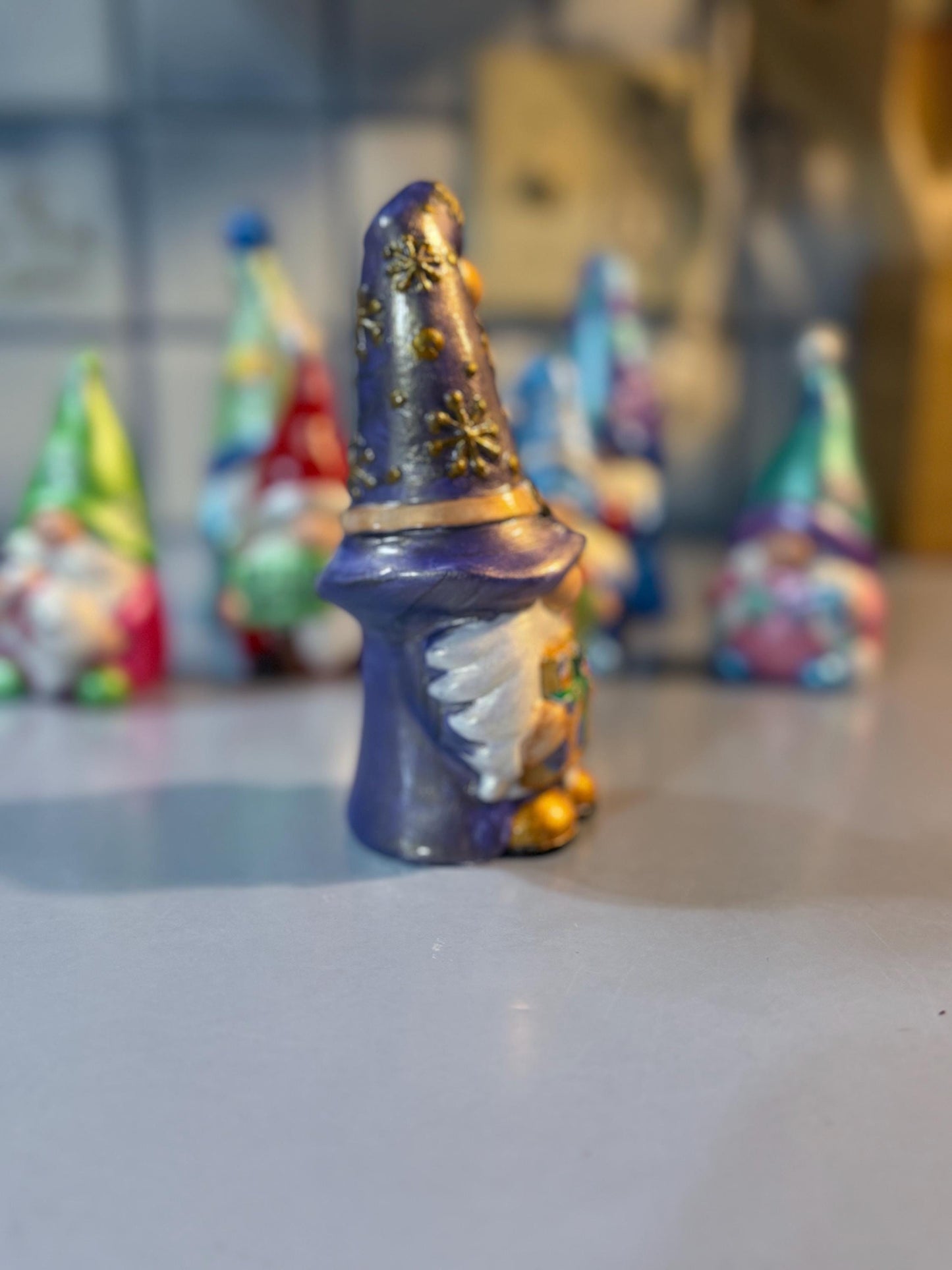 Hand Painted Ceramic Christmas Gnome, Purple Gnome with Gift, One of a Kind Holiday Decor, Tiered Tray Decor, Christmas Gift