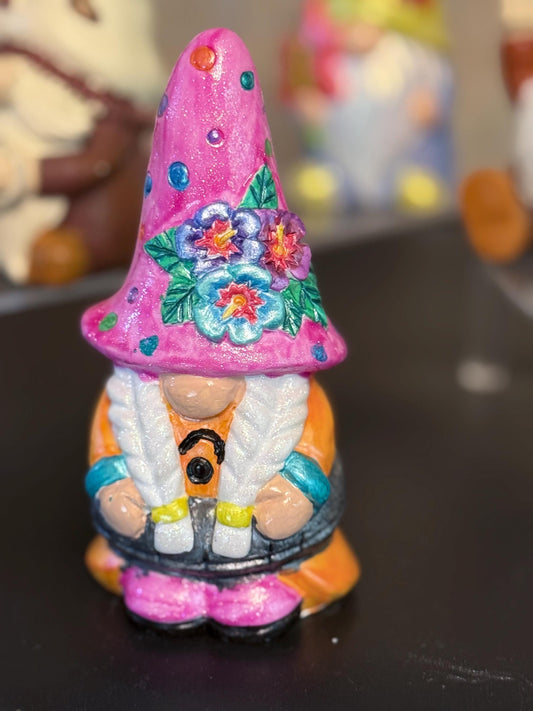 Hand Painted Gnome, Pink Floral Gnome, Summertime Gnome Decor, One of a Kind Ceramic Gnome, Whimsical Shelf Decor, Handmade Gift
