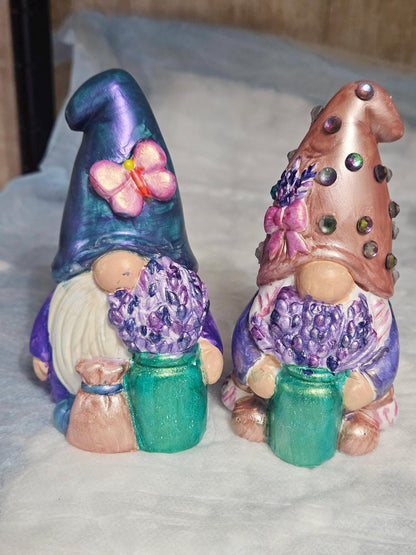 Handpainted Lavender Gnomes, Iridescent Flower Pot Gnomes, Ceramic Gnome Set, Whimsical Garden Decor, Patio Porch Decor, Plant Lover Gift