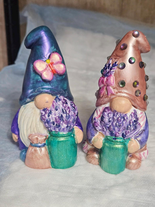 Handpainted Lavender Gnomes, Iridescent Flower Pot Gnomes, Ceramic Gnome Set, Whimsical Garden Decor, Patio Porch Decor, Plant Lover Gift