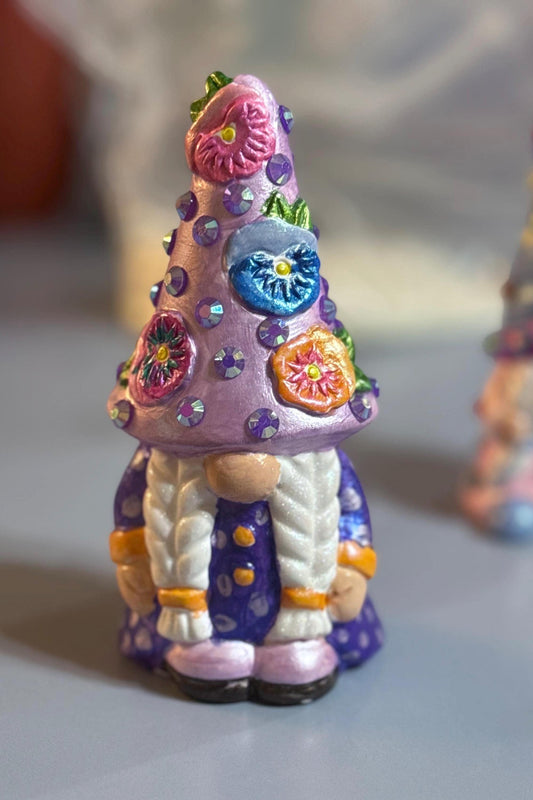 Hand Painted Gnome, Purple Gnome Decor, Floral Hat Gnome, One of a Kind Ceramic Gnome, Whimsical Shelf Decor, Handmade Gift