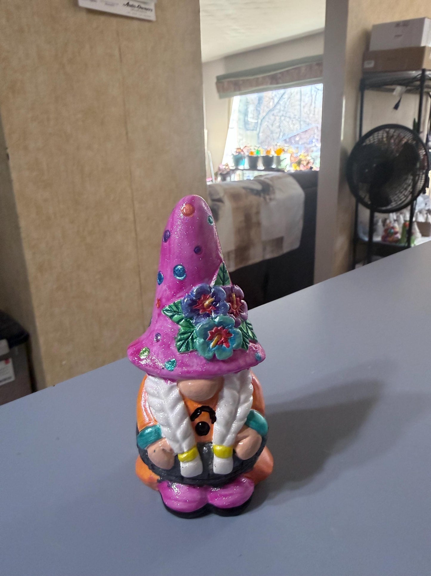 Hand Painted Gnome, Pink Floral Gnome, Summertime Gnome Decor, One of a Kind Ceramic Gnome, Whimsical Shelf Decor, Handmade Gift