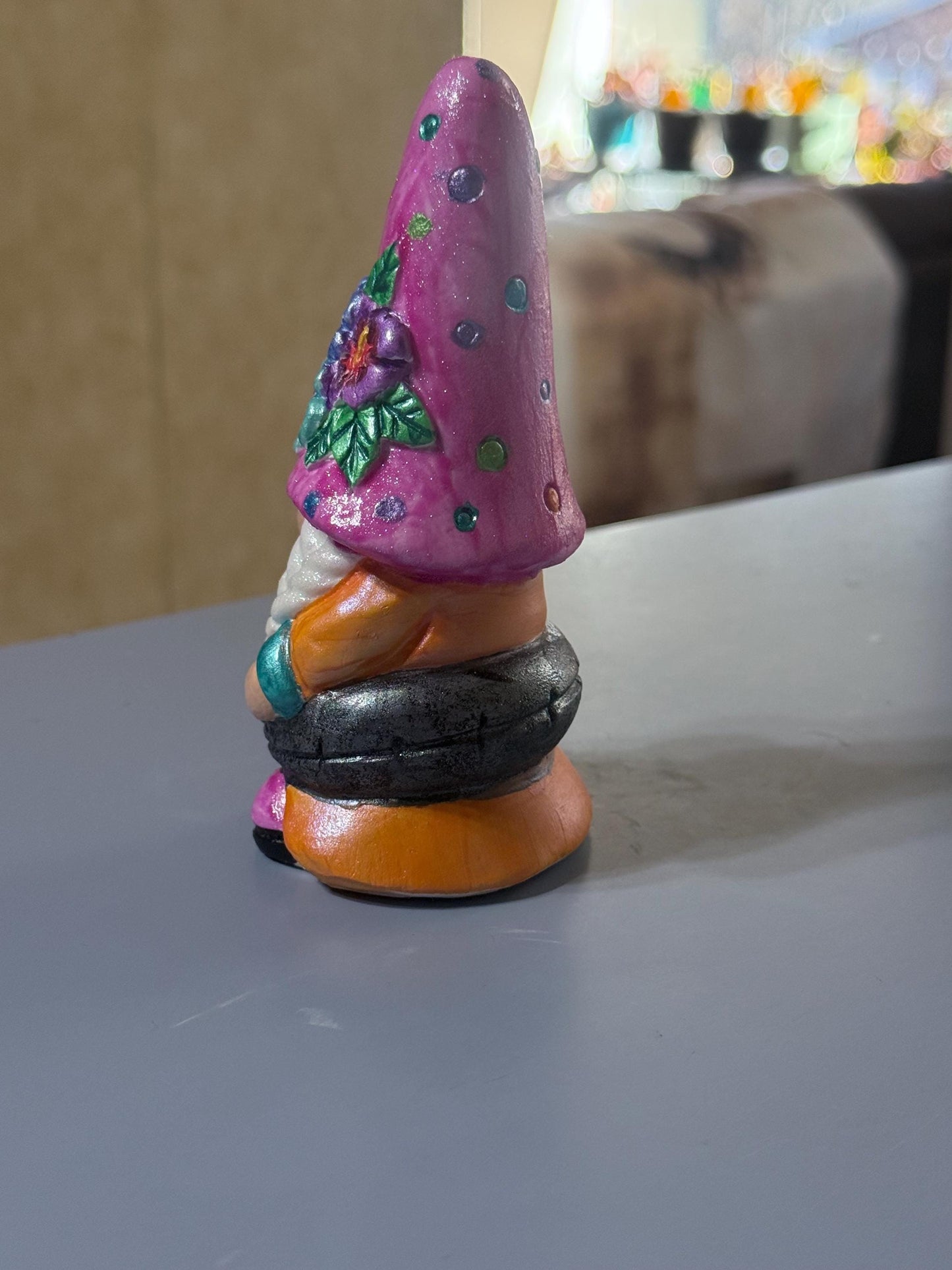 Hand Painted Gnome, Pink Floral Gnome, Summertime Gnome Decor, One of a Kind Ceramic Gnome, Whimsical Shelf Decor, Handmade Gift