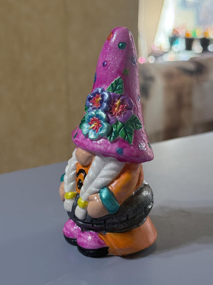 Hand Painted Gnome, Pink Floral Gnome, Summertime Gnome Decor, One of a Kind Ceramic Gnome, Whimsical Shelf Decor, Handmade Gift