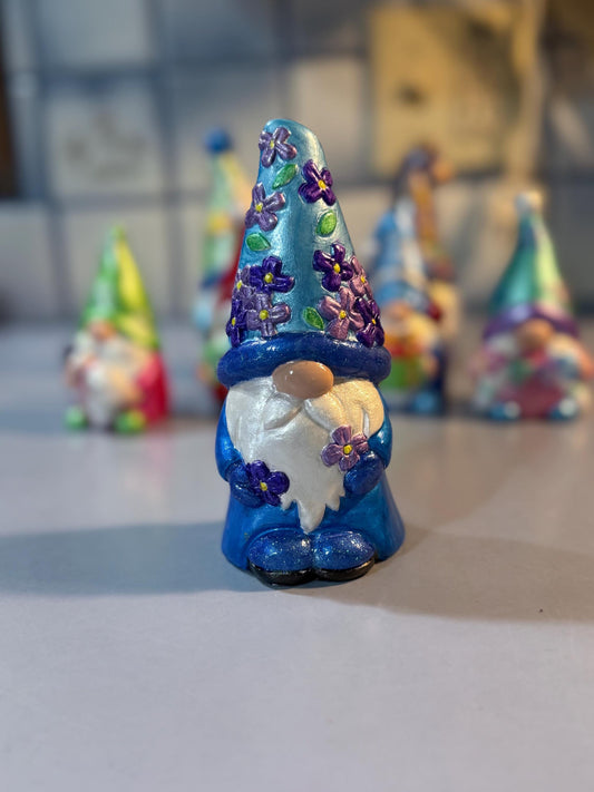 Hand Painted Ceramic Gnome Figurine, Blue & Purple Floral Garden Gnome, One of a Kind Whimsical Cottagecore Shelf Decor Gift