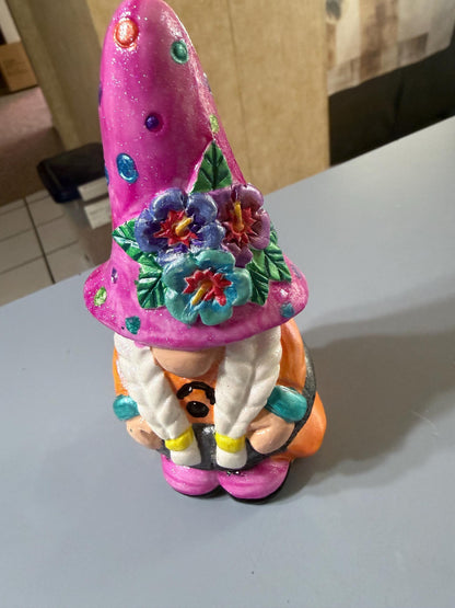 Hand Painted Gnome, Pink Floral Gnome, Summertime Gnome Decor, One of a Kind Ceramic Gnome, Whimsical Shelf Decor, Handmade Gift