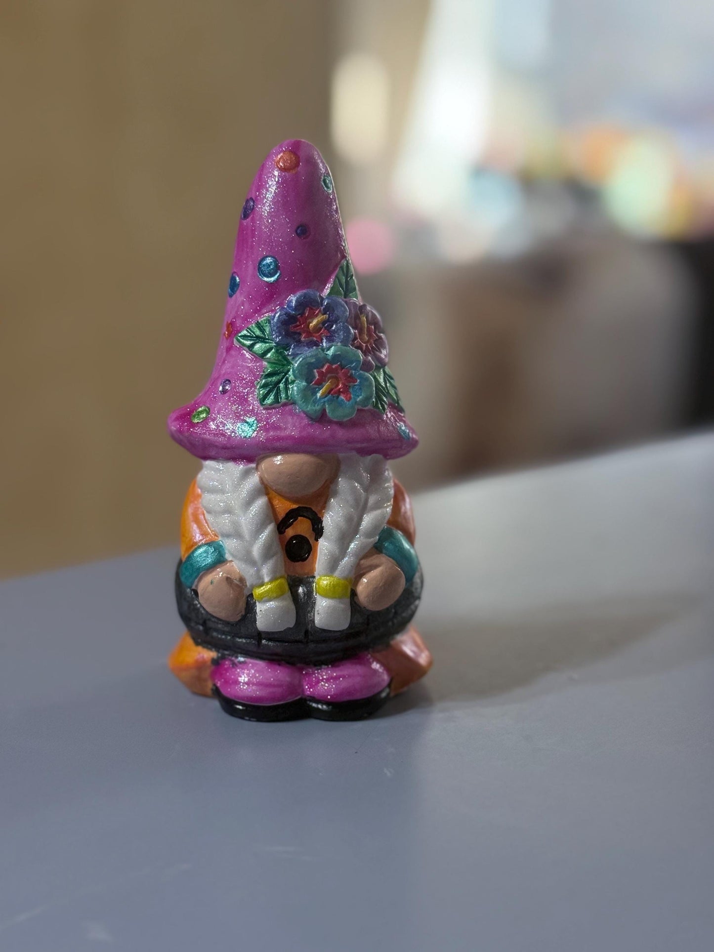 Hand Painted Gnome, Pink Floral Gnome, Summertime Gnome Decor, One of a Kind Ceramic Gnome, Whimsical Shelf Decor, Handmade Gift