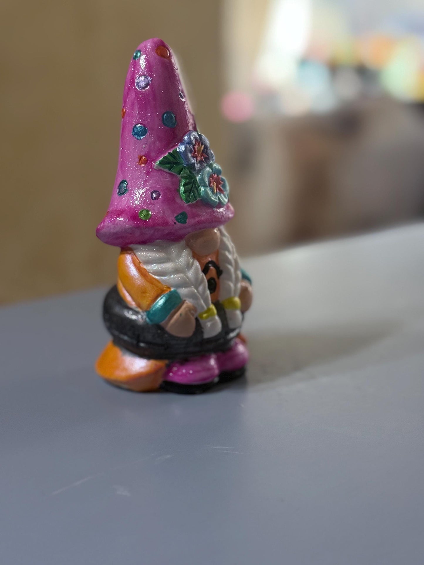 Hand Painted Gnome, Pink Floral Gnome, Summertime Gnome Decor, One of a Kind Ceramic Gnome, Whimsical Shelf Decor, Handmade Gift