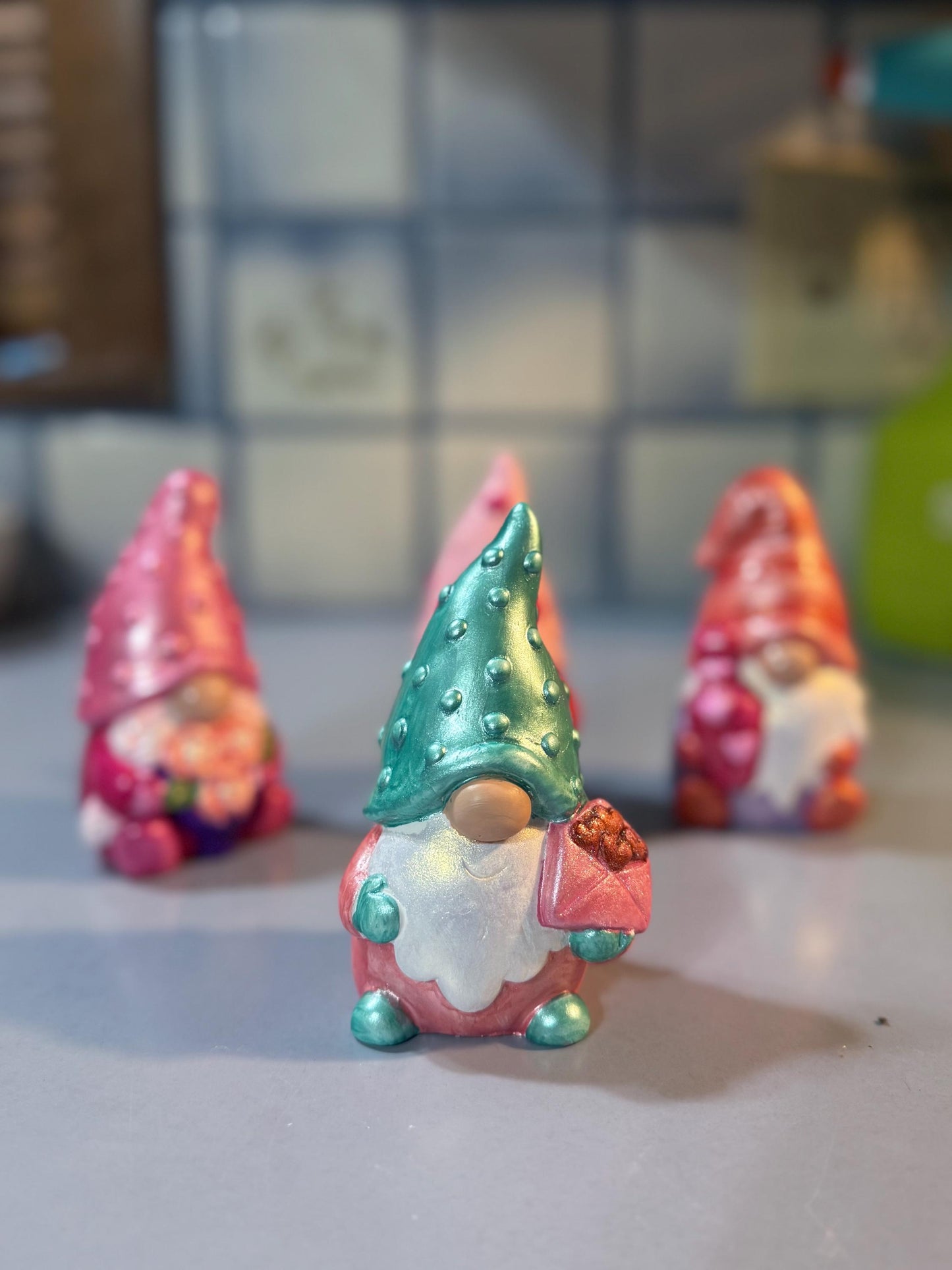 Hand Painted Ceramic Gnome Figurines, Valentine Gnomes, Iridescent Shimmer Metallic Boho Decor, One of a Kind Gift