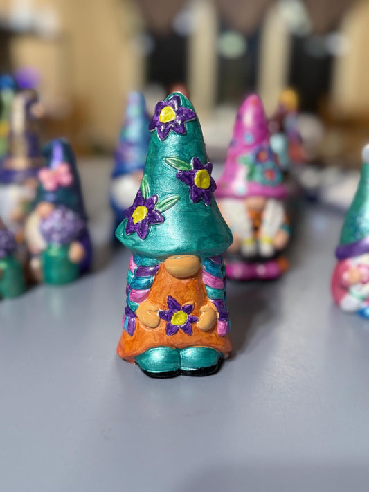 Hand Painted Ceramic Floral Gnome Figurine, One of a Kind Teal & Purple Gnome, Whimsical Cottagecore Shelf Decor, Boho Gift