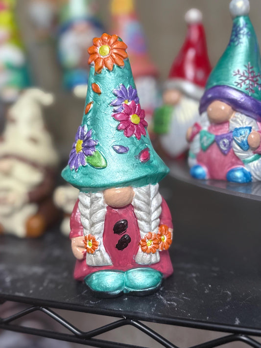 Hand Painted Ceramic Floral Gnome Figurine, One of a Kind Whimsical Cottagecore Shelf Decor, Colorful Boho Gift