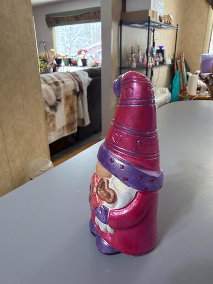 Hand Painted Ceramic Valentine Gnome Figurine, Metallic Purple & Red, One of a Kind Boho Decor, Heart Hat Gnome, Valentine Gift