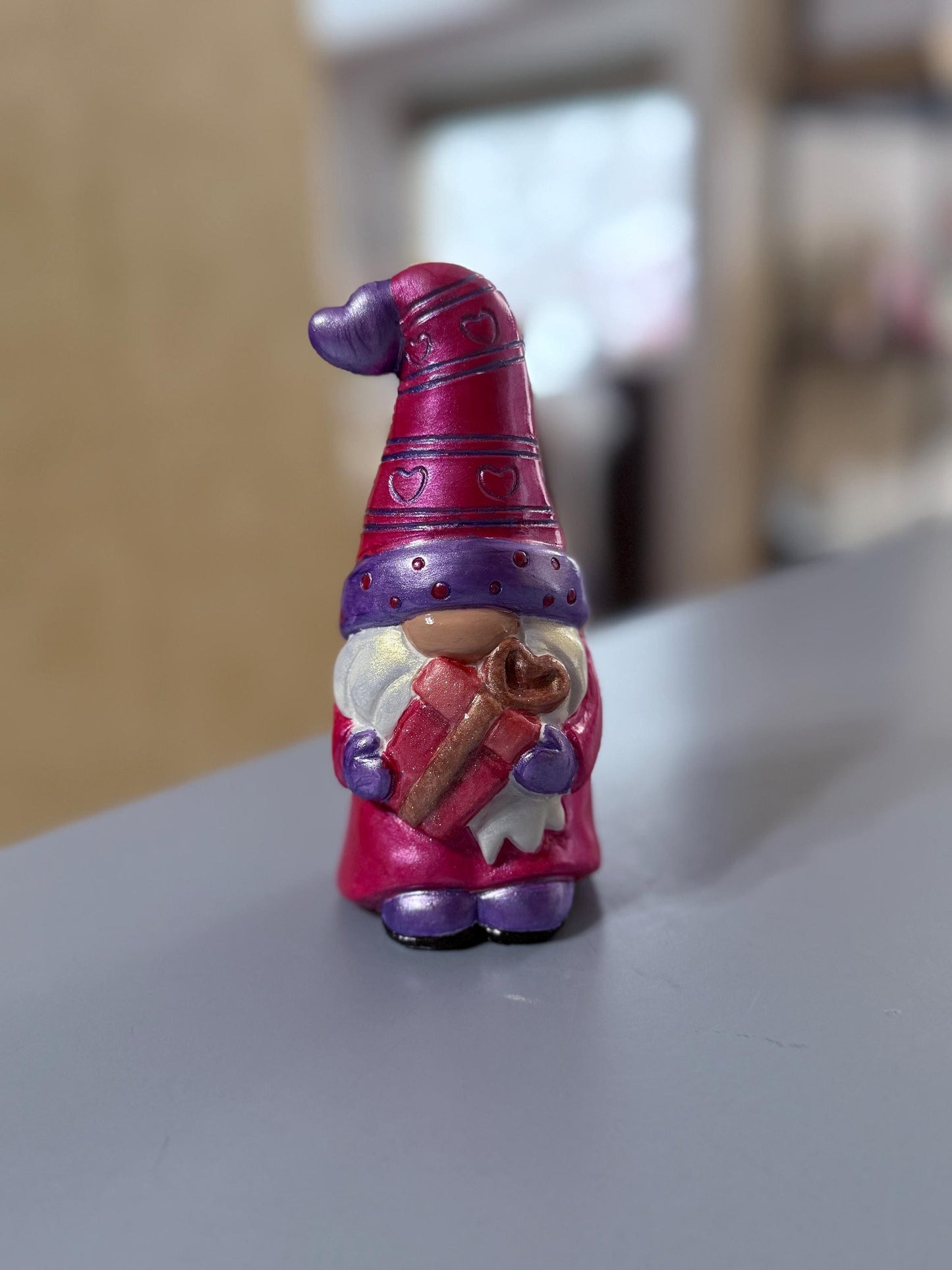 Hand Painted Ceramic Valentine Gnome Figurine, Metallic Purple & Red, One of a Kind Boho Decor, Heart Hat Gnome, Valentine Gift