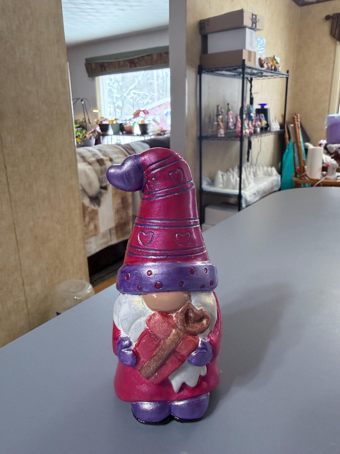 Hand Painted Ceramic Valentine Gnome Figurine, Metallic Purple & Red, One of a Kind Boho Decor, Heart Hat Gnome, Valentine Gift