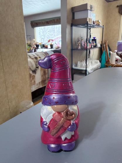 Hand Painted Ceramic Valentine Gnome Figurine, Metallic Purple & Red, One of a Kind Boho Decor, Heart Hat Gnome, Valentine Gift