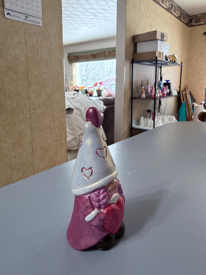 Hand Painted Ceramic Valentine Gnome Figurine, Metallic Iridescent Glitter, One of a Kind Boho Decor, Heart Hat Gnome, Valentine Gift