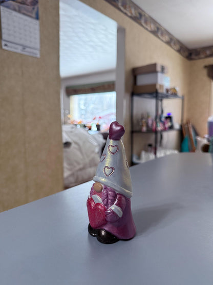 Hand Painted Ceramic Valentine Gnome Figurine, Metallic Iridescent Glitter, One of a Kind Boho Decor, Heart Hat Gnome, Valentine Gift