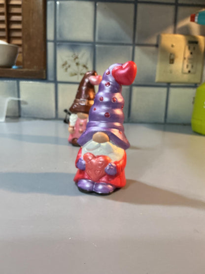 Hand Painted Ceramic Valentine Gnome, Purple Heart Hat, One of a Kind Gnome Figurine, Shimmery Boho Decor Gift