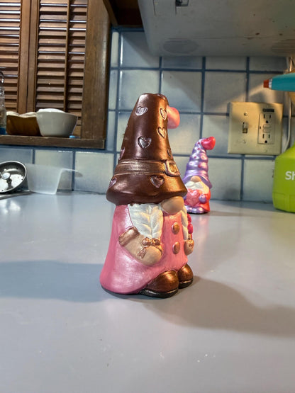 Hand Painted Ceramic Valentine Gnome, Chocolate Heart Hat, One of a Kind Gnome Figurine, Shimmery Boho Decor Gift