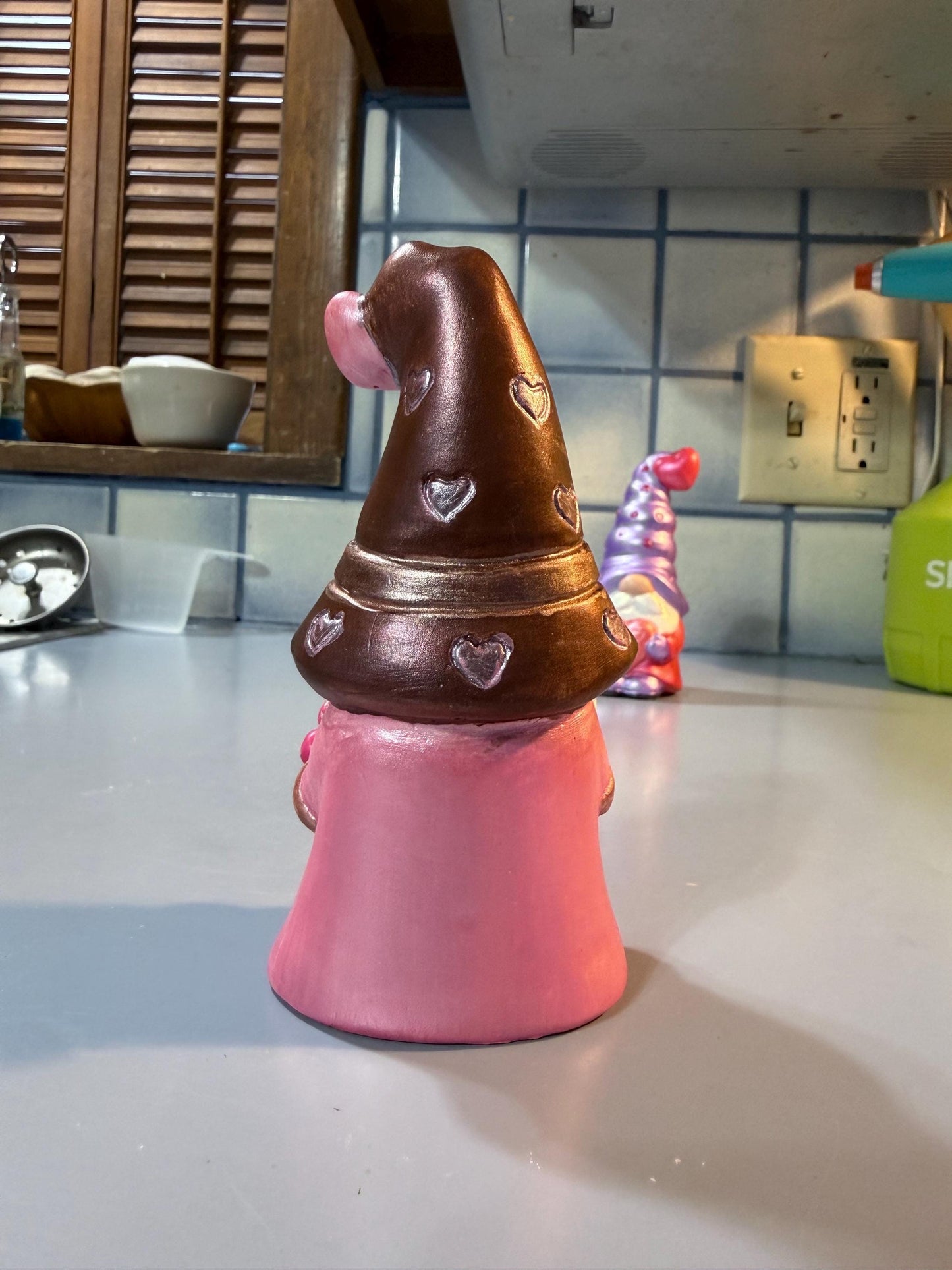 Hand Painted Ceramic Valentine Gnome, Chocolate Heart Hat, One of a Kind Gnome Figurine, Shimmery Boho Decor Gift