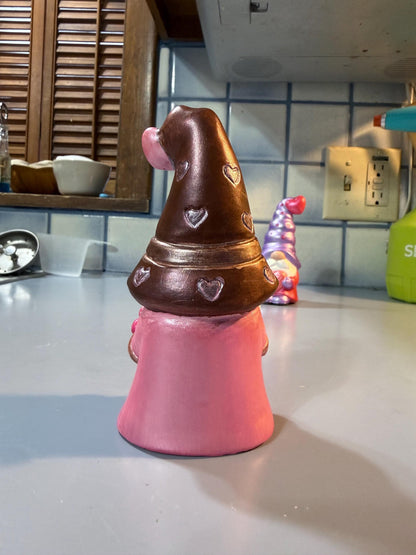 Hand Painted Ceramic Valentine Gnome, Chocolate Heart Hat, One of a Kind Gnome Figurine, Shimmery Boho Decor Gift