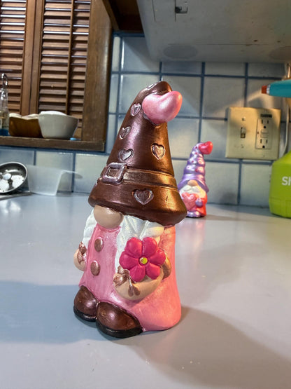 Hand Painted Ceramic Valentine Gnome, Chocolate Heart Hat, One of a Kind Gnome Figurine, Shimmery Boho Decor Gift