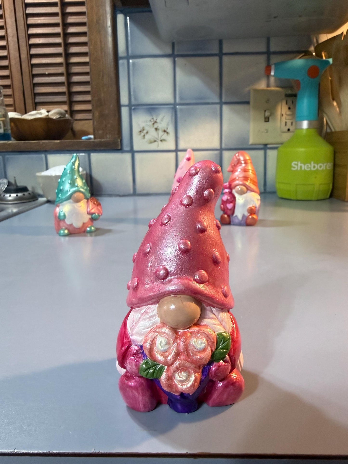 Hand Painted Ceramic Gnome Figurines, Valentine Gnomes, Iridescent Shimmer Metallic Boho Decor, One of a Kind Gift