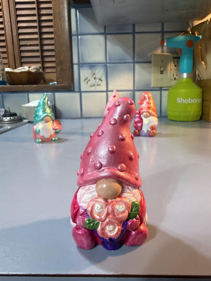 Hand Painted Ceramic Gnome Figurines, Valentine Gnomes, Iridescent Shimmer Metallic Boho Decor, One of a Kind Gift