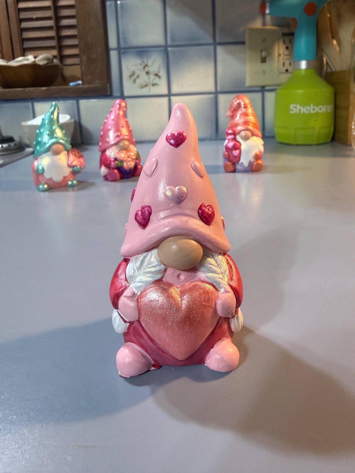 Hand Painted Ceramic Gnome Figurines, Valentine Gnomes, Iridescent Shimmer Metallic Boho Decor, One of a Kind Gift