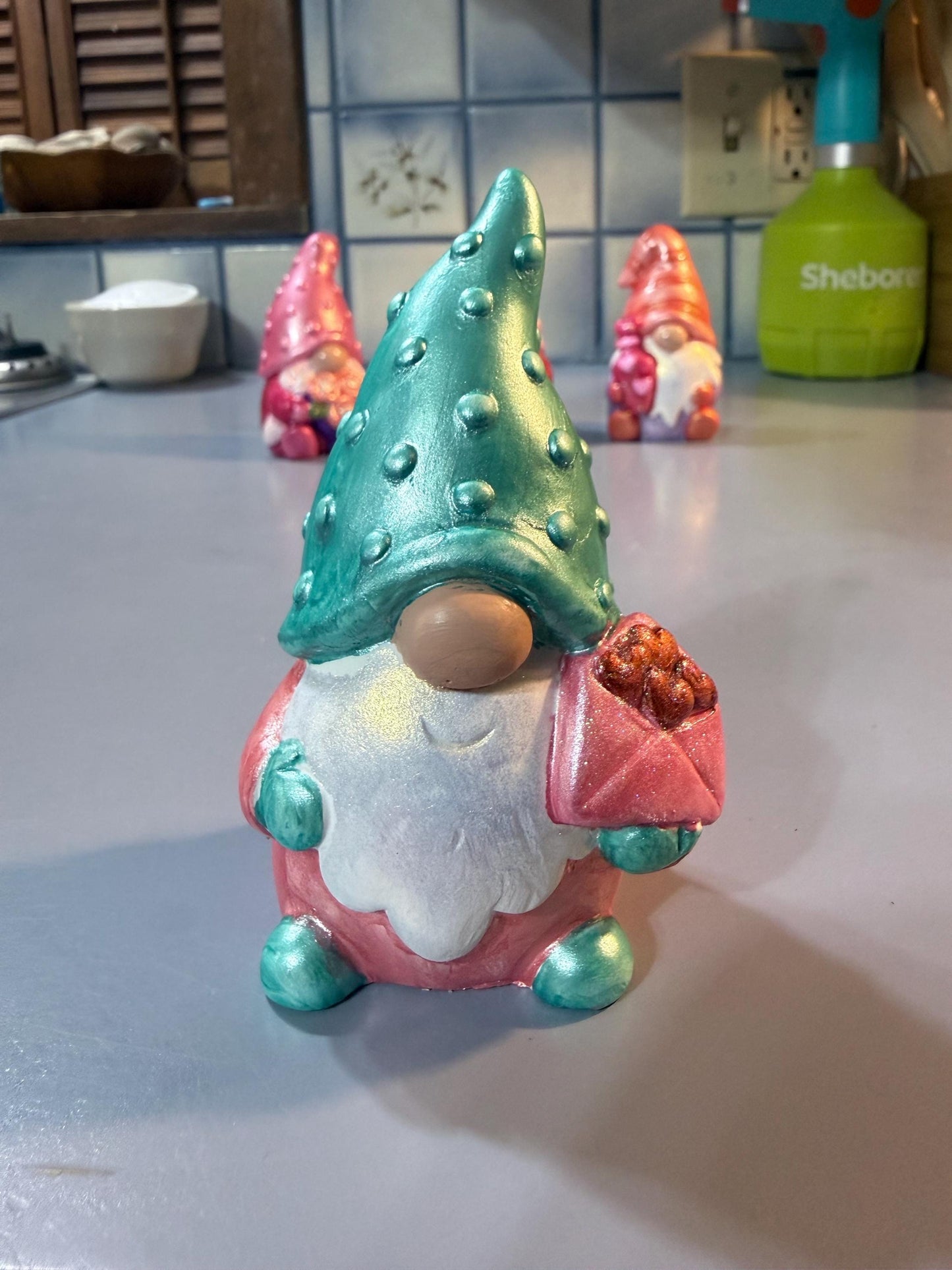 Hand Painted Ceramic Gnome Figurines, Valentine Gnomes, Iridescent Shimmer Metallic Boho Decor, One of a Kind Gift