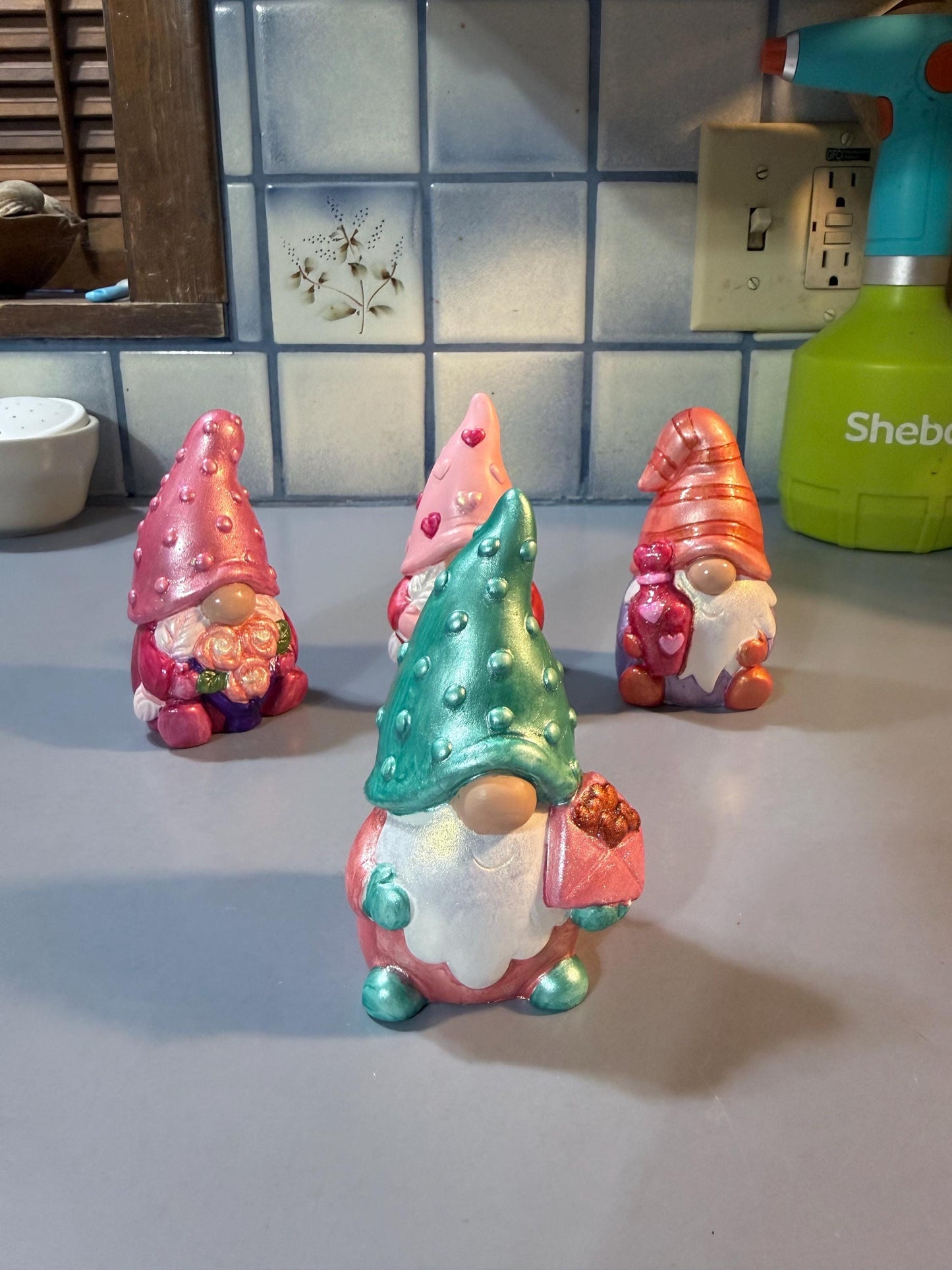 Hand Painted Ceramic Gnome Figurines, Valentine Gnomes, Iridescent Shimmer Metallic Boho Decor, One of a Kind Gift