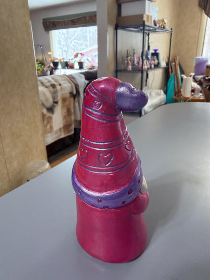 Hand Painted Ceramic Valentine Gnome Figurine, Metallic Purple & Red, One of a Kind Boho Decor, Heart Hat Gnome, Valentine Gift