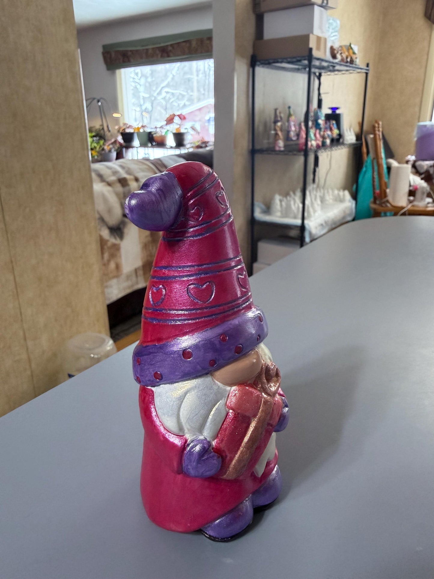 Hand Painted Ceramic Valentine Gnome Figurine, Metallic Purple & Red, One of a Kind Boho Decor, Heart Hat Gnome, Valentine Gift