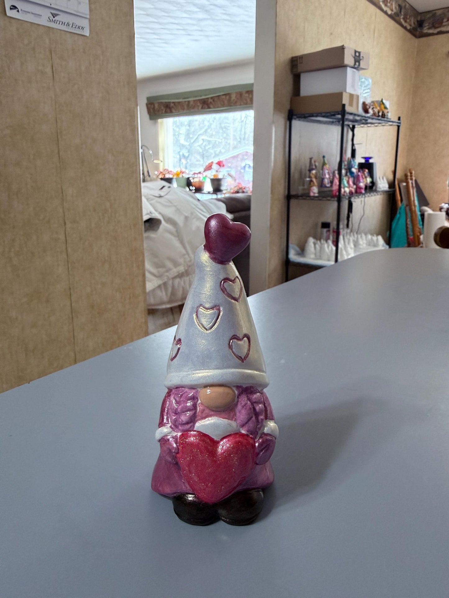 Hand Painted Ceramic Valentine Gnome Figurine, Metallic Iridescent Glitter, One of a Kind Boho Decor, Heart Hat Gnome, Valentine Gift