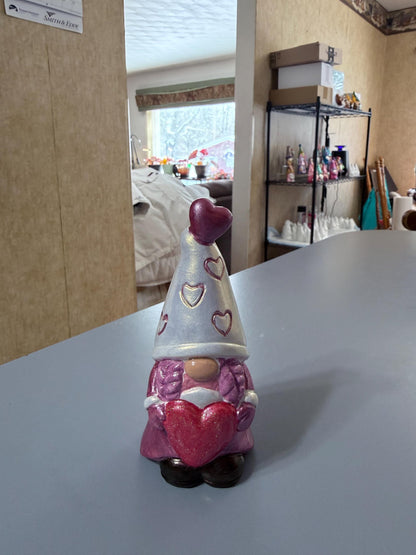 Hand Painted Ceramic Valentine Gnome Figurine, Metallic Iridescent Glitter, One of a Kind Boho Decor, Heart Hat Gnome, Valentine Gift