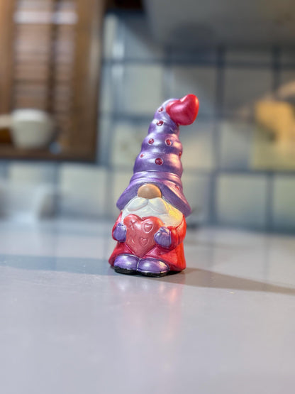 Hand Painted Ceramic Valentine Gnome, Purple Heart Hat, One of a Kind Gnome Figurine, Shimmery Boho Decor Gift