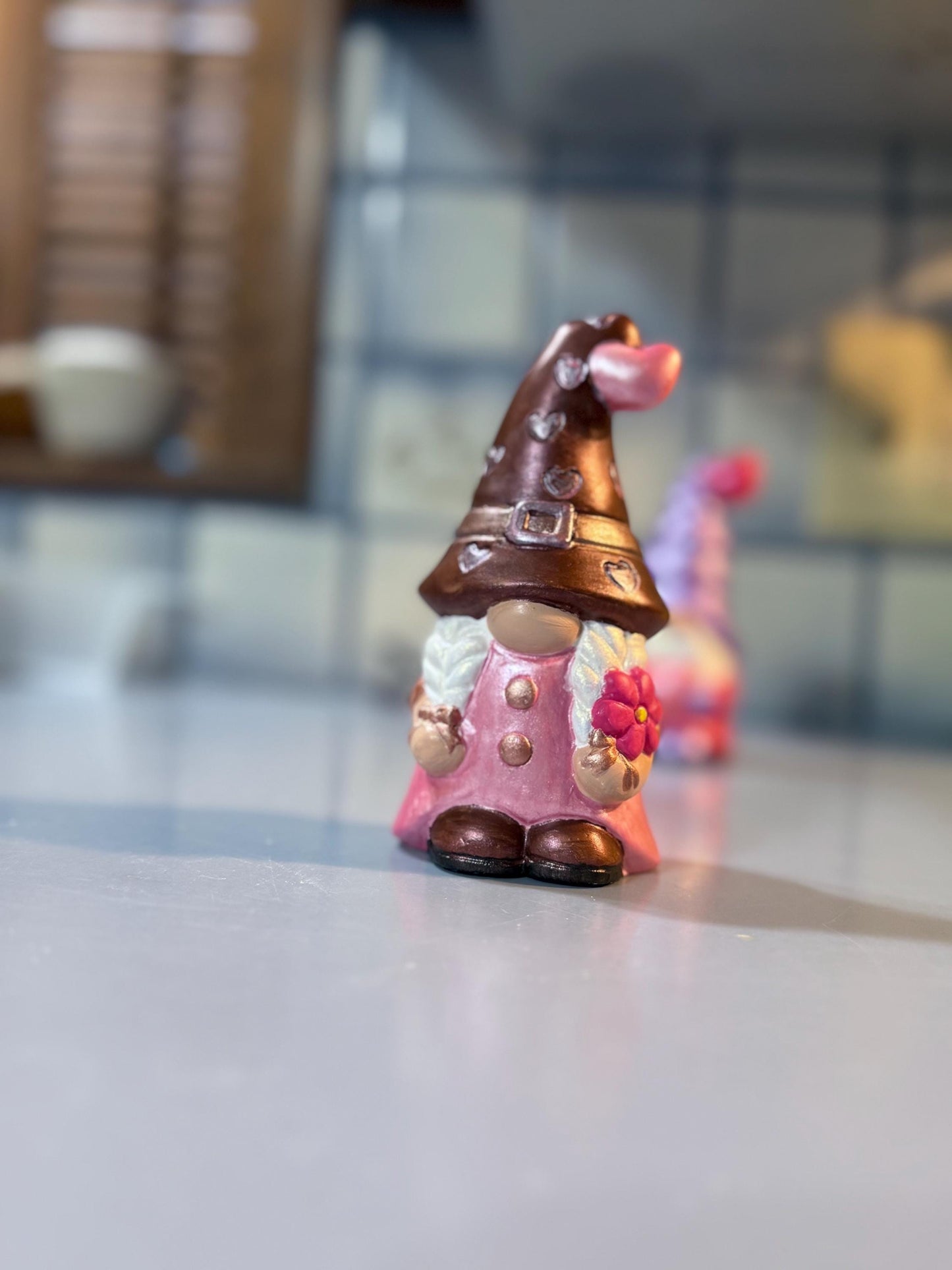 Hand Painted Ceramic Valentine Gnome, Chocolate Heart Hat, One of a Kind Gnome Figurine, Shimmery Boho Decor Gift