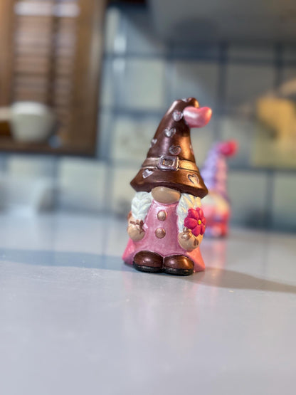 Hand Painted Ceramic Valentine Gnome, Chocolate Heart Hat, One of a Kind Gnome Figurine, Shimmery Boho Decor Gift