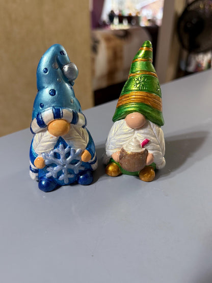 Hand Painted Ceramic Christmas Gnome Set, Snowflake & Cocoa Gnomes, One of a Kind Holiday Decor, Winter Tiered Tray Decor, Christmas Gift