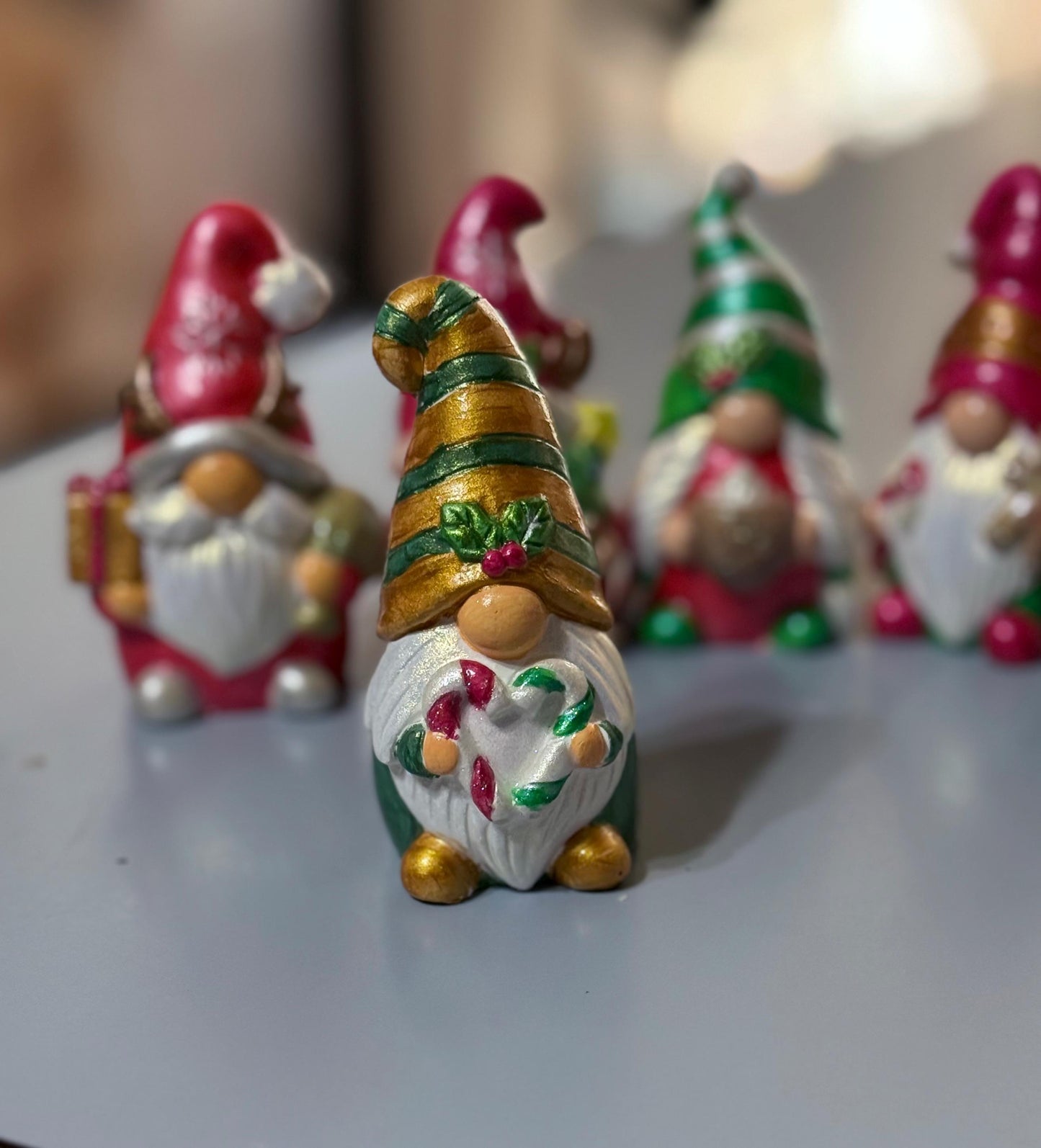 Hand Painted Ceramic Christmas Gnome Set of 4, One of a Kind Holiday De, Metallic Shimmer Gnome Figurines, Tiered Tray Decor, Christmas Gift