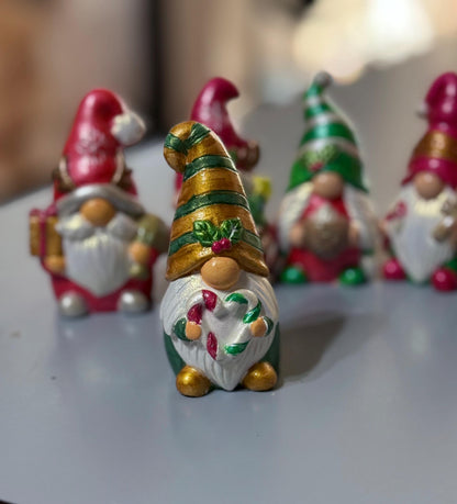 Hand Painted Ceramic Christmas Gnome Set of 4, One of a Kind Holiday De, Metallic Shimmer Gnome Figurines, Tiered Tray Decor, Christmas Gift