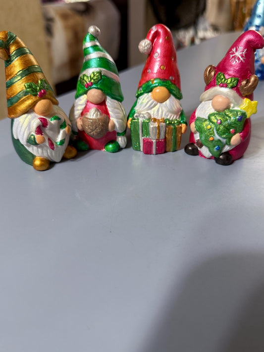 Hand Painted Ceramic Christmas Gnome Set of 4, One of a Kind Holiday De, Metallic Shimmer Gnome Figurines, Tiered Tray Decor, Christmas Gift