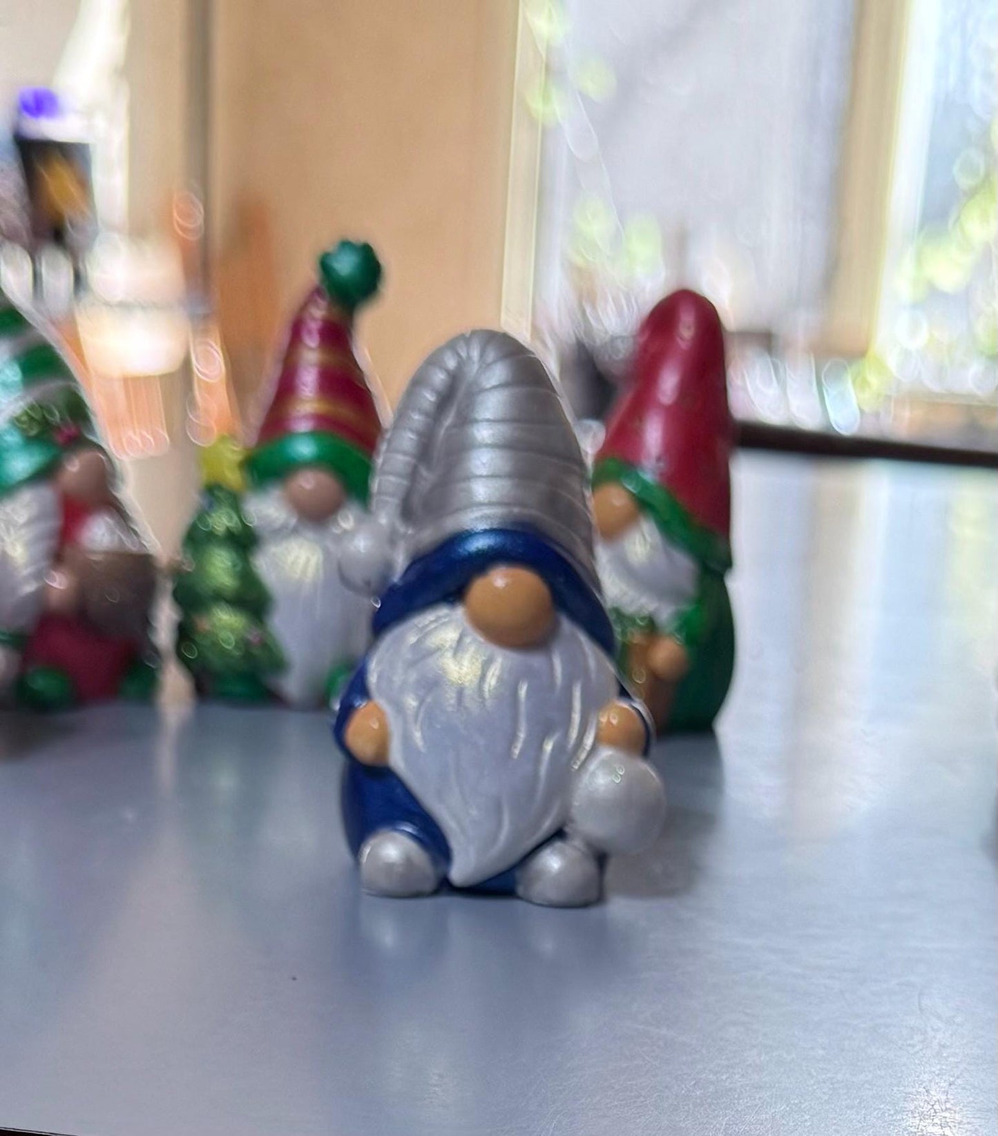Hand Painted Ceramic Christmas Gnome Set, One of a Kind Holiday Decor, Metallic Shimmer Gnome Figurines, Tiered Tray Decor, Christmas Gift