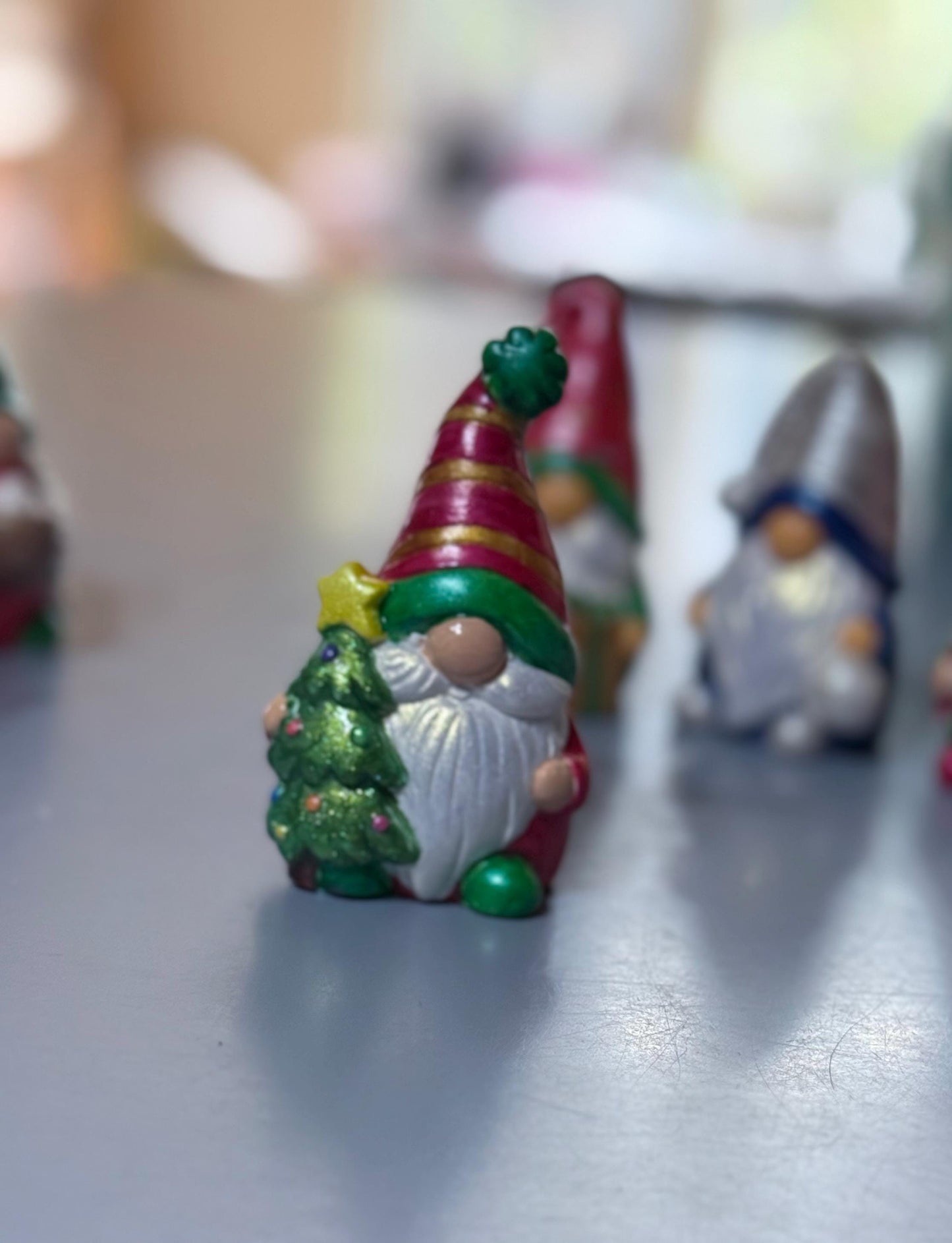 Hand Painted Ceramic Christmas Gnome Set, One of a Kind Holiday Decor, Metallic Shimmer Gnome Figurines, Tiered Tray Decor, Christmas Gift