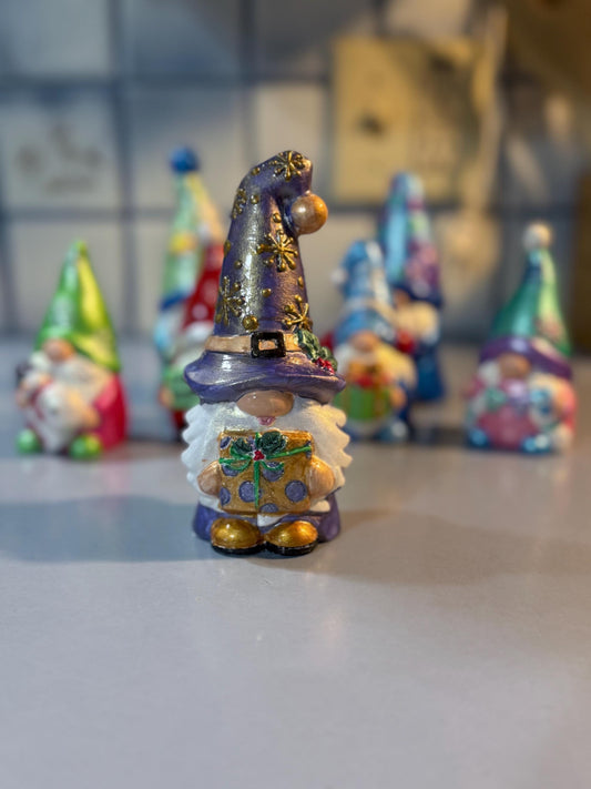 Hand Painted Ceramic Christmas Gnome, Purple Gnome with Gift, One of a Kind Holiday Decor, Tiered Tray Decor, Christmas Gift