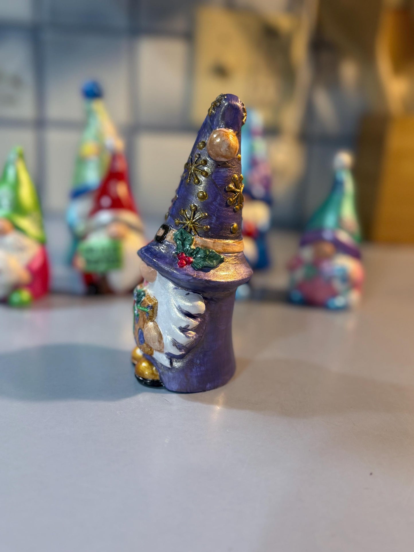 Hand Painted Ceramic Christmas Gnome, Purple Gnome with Gift, One of a Kind Holiday Decor, Tiered Tray Decor, Christmas Gift