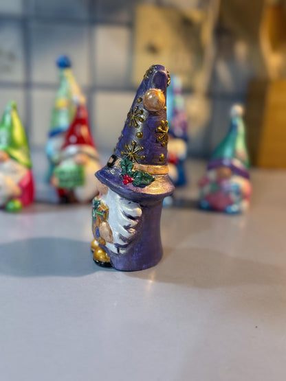 Hand Painted Ceramic Christmas Gnome, Purple Gnome with Gift, One of a Kind Holiday Decor, Tiered Tray Decor, Christmas Gift