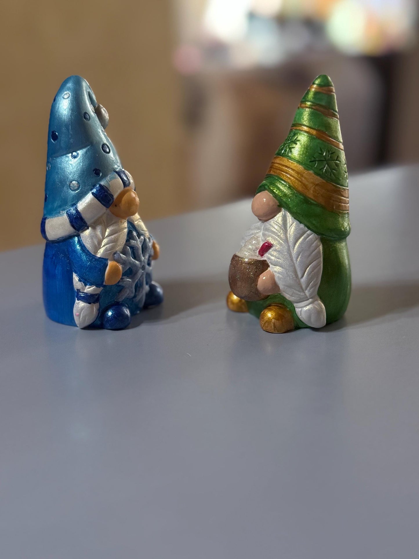 Hand Painted Ceramic Christmas Gnome Set, Snowflake & Cocoa Gnomes, One of a Kind Holiday Decor, Winter Tiered Tray Decor, Christmas Gift