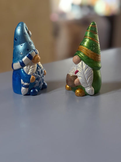 Hand Painted Ceramic Christmas Gnome Set, Snowflake & Cocoa Gnomes, One of a Kind Holiday Decor, Winter Tiered Tray Decor, Christmas Gift